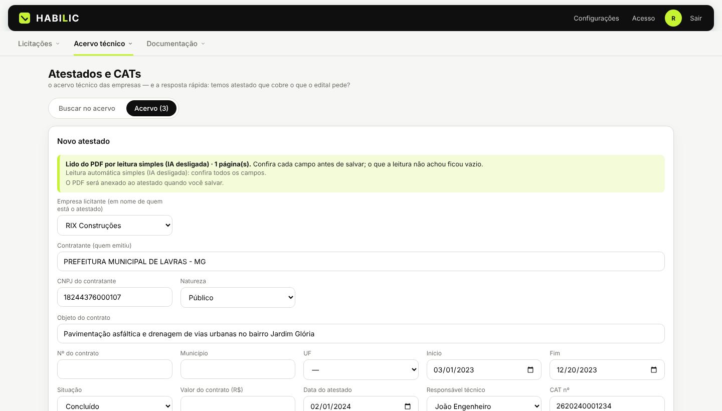 Atestado importado de PDF com itens reconhecidos