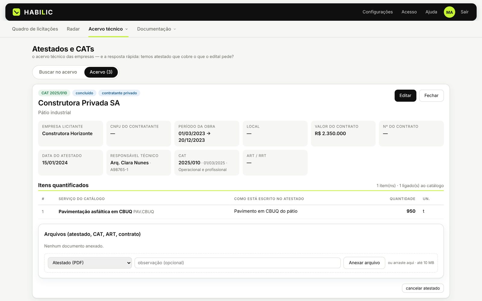 Ficha do atestado com contratante, período, CAT, responsável técnico e itens quantificados